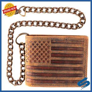 Men's RFID Blocking Leather Wallet with Steel Chain, Bi-fold Style